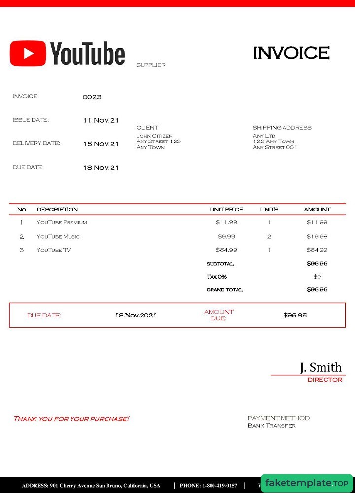 Feature of fake USA Youtube invoice example